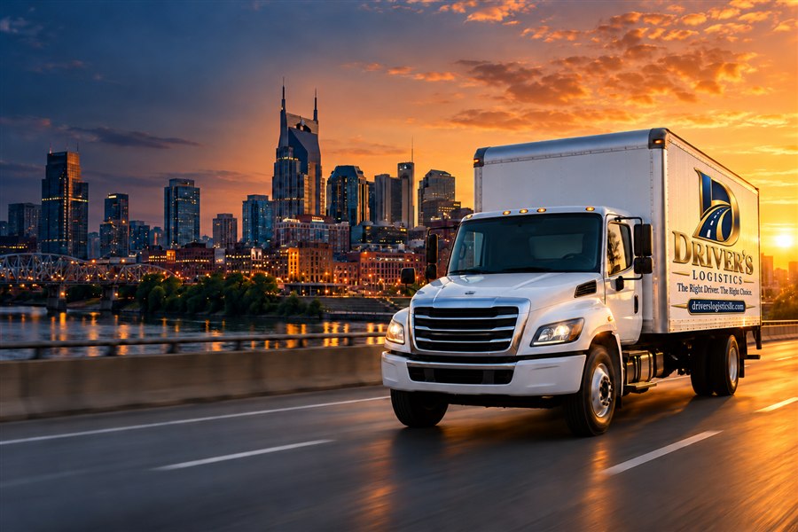 Illustrative Driver's Logistics box truck beside a Nashville-inspired sunset skyline
